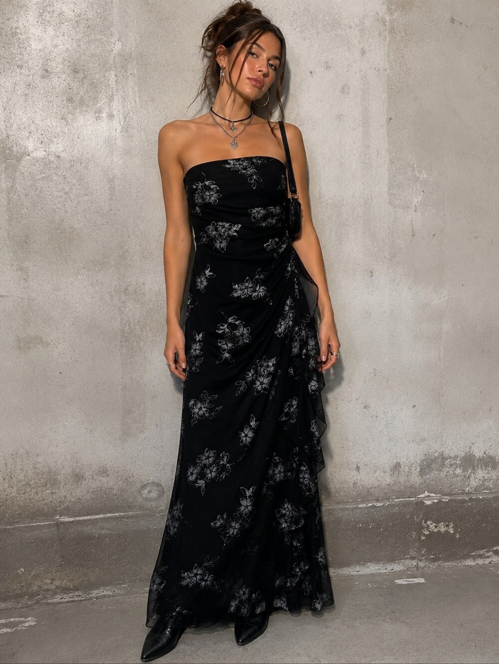 Vintage Y2K Jessica Floral Strapless Maxi Dress Size 12 Ruffle Sheer Overlay